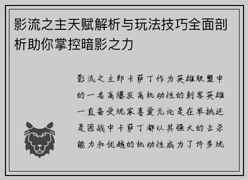 影流之主天赋解析与玩法技巧全面剖析助你掌控暗影之力